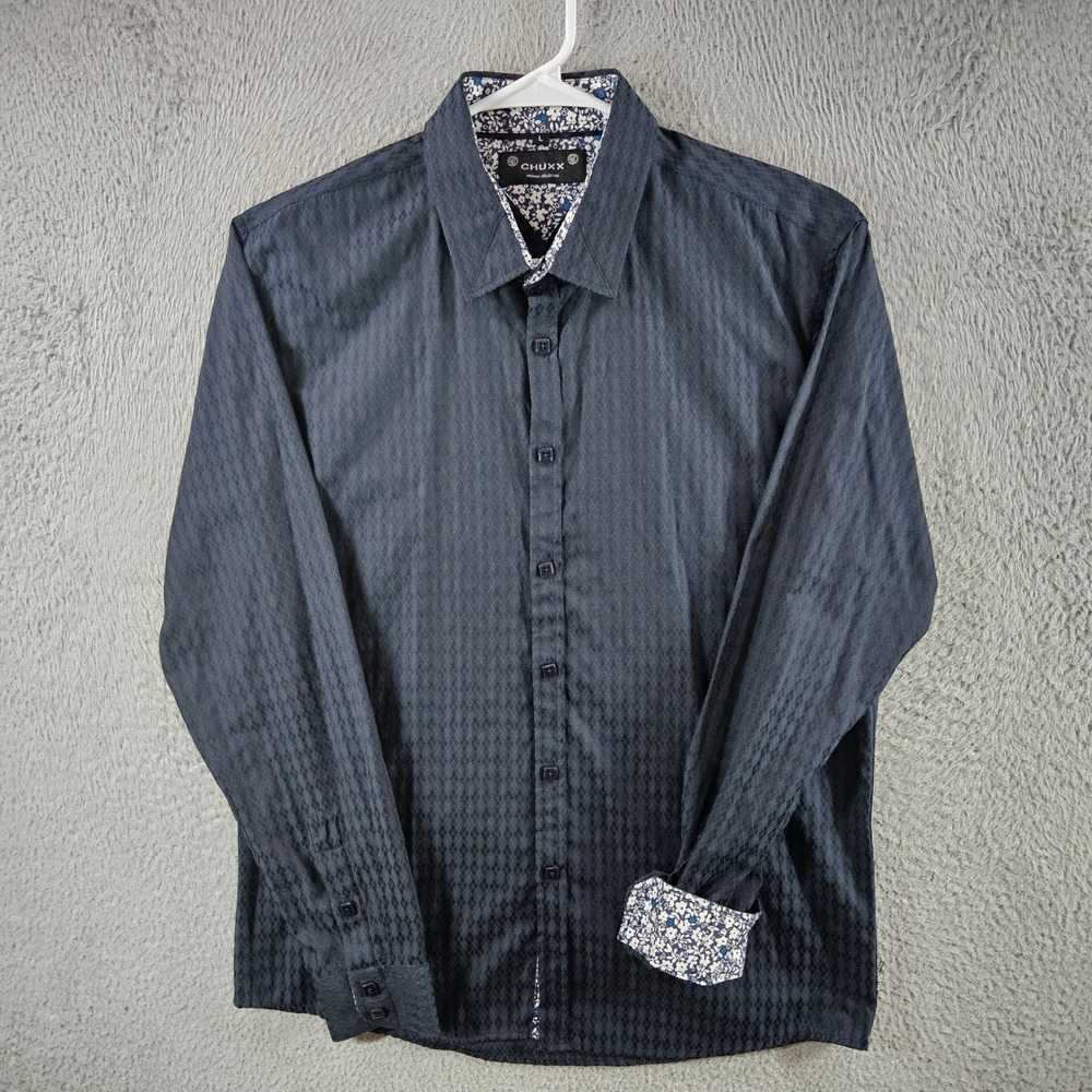 Chuxx Premium Collection Mens Black Diamond Geometric Floral Trim Shirt Large